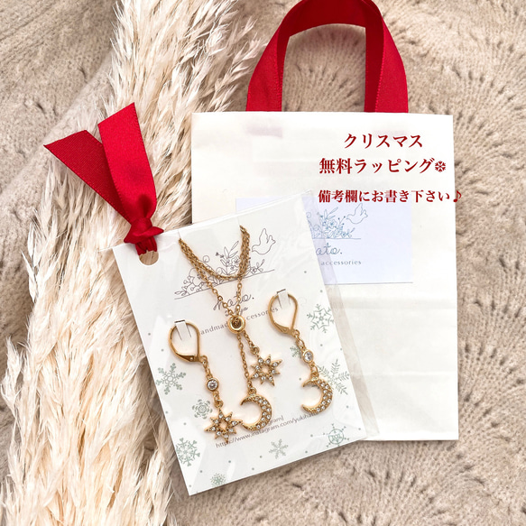 {X’mas限定}ムーン☽&スター☆Y字ネックレス&ピアス/イヤリング セット[シルバー](アレルギー対応) 8枚目の画像