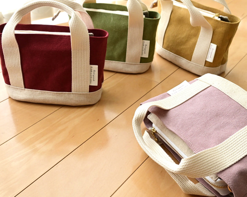 ハンドメイド、トートバック、帆布ヴィンテージ、ベルトラウンド、mini ミニ】色が選べる♡ヴィンテージ帆布の丸底ﾄｰﾄﾊﾞｯｸﾞ〔ﾌｧｽﾅｰふた