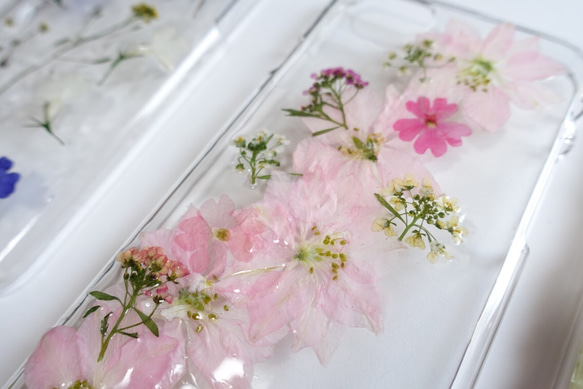 △▼全機種対応△▼ピンクの千鳥草とアリッサムの押し花スマホケース 3枚目の画像