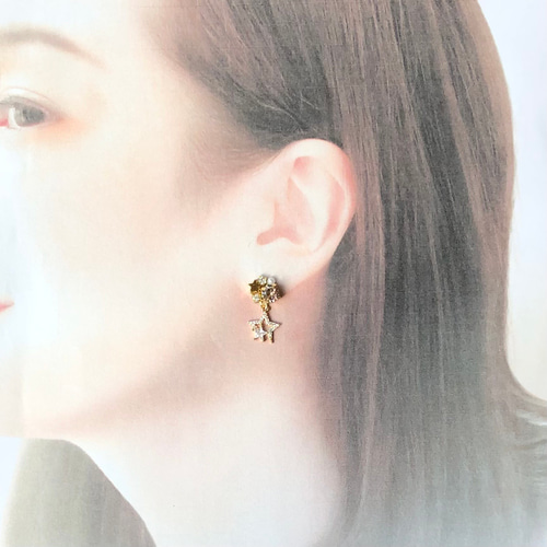 全3色》 トリプルスターとクリスタルのミニビジュー ピアス/イヤリング