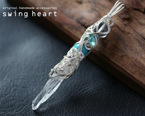 ターコイズ+アクアオーラ+青水晶のワイヤーワンドペンダント