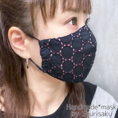 サンプル】両面 シルク 立体 マスク ハンドメイド 鞠 桜 黒 白ゴム紐付き