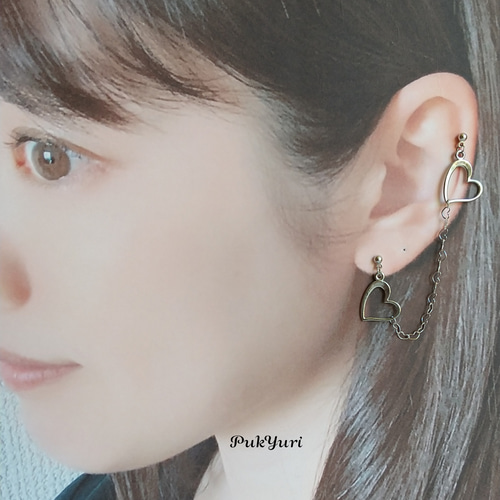 ハートだらけの2ホールピアス/2連ピアス/ノンホールピアス/イヤーカフ  