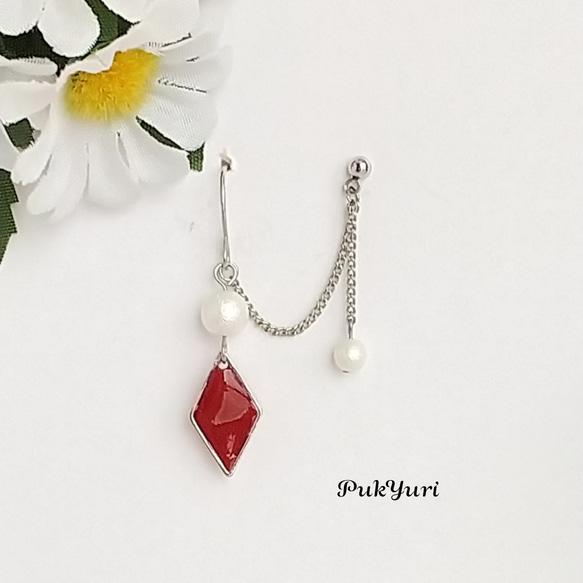 なっつです。ノンホールピアス2点 シュガーパールとひし形の2ホールピアス(赤)/ノンホールピアス