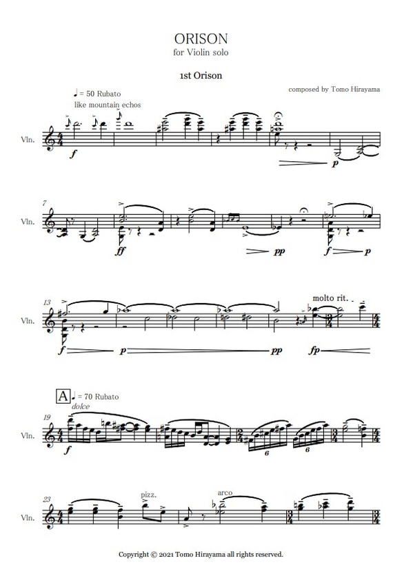 "ORISON" for Violin solo 【楽譜】 1枚目の画像