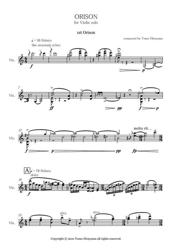 "ORISON" for Violin solo 【楽譜】 1枚目の画像