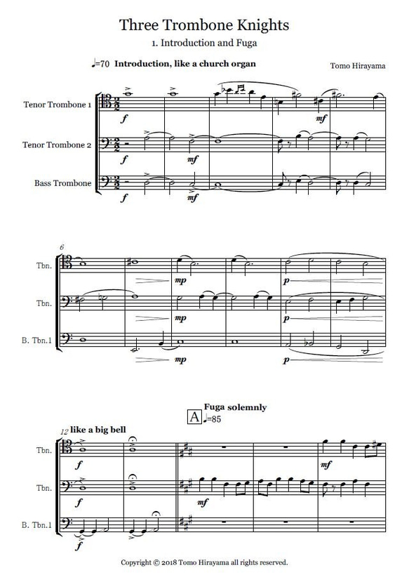 トロンボーン三重奏「Tree Trombone Knights」総譜＋パート譜 1枚目の画像