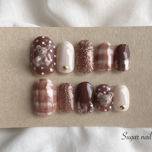 再販✳︎ネイルチップ✳︎ブラウン✳︎くまネイル ネイルチップ（つけ  