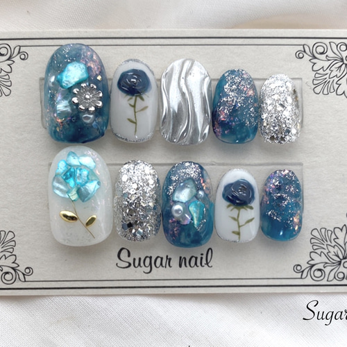 ネイルチップ✳︎ブルーローズ ネイルチップ（つけ爪） Sugarnaill