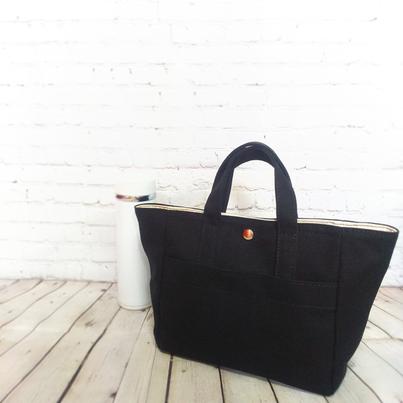 【オーダー品】トートバッグ　巾着バッグ　ドリンクホルダー ドリンクホルダー付き 》 フロントポケット トートバッグ ミニ ☆ 黒