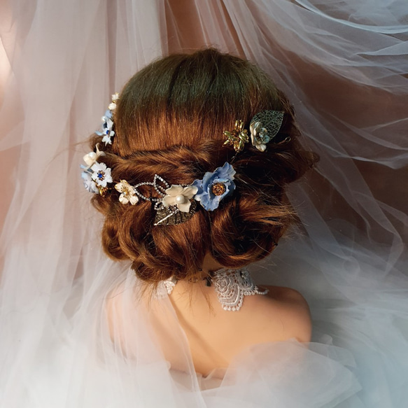 EVA-獨家絕版藍色系手工花三件式手工新娘頭飾飾品 第6張的照片