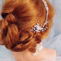 三件式粉色蛋白石手作新娘髮帶頭飾飾品 第2張的照片
