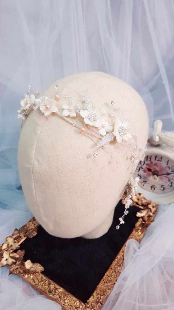 花園式手工花耳環髮帶新娘頭飾飾品兩件式 第2張的照片