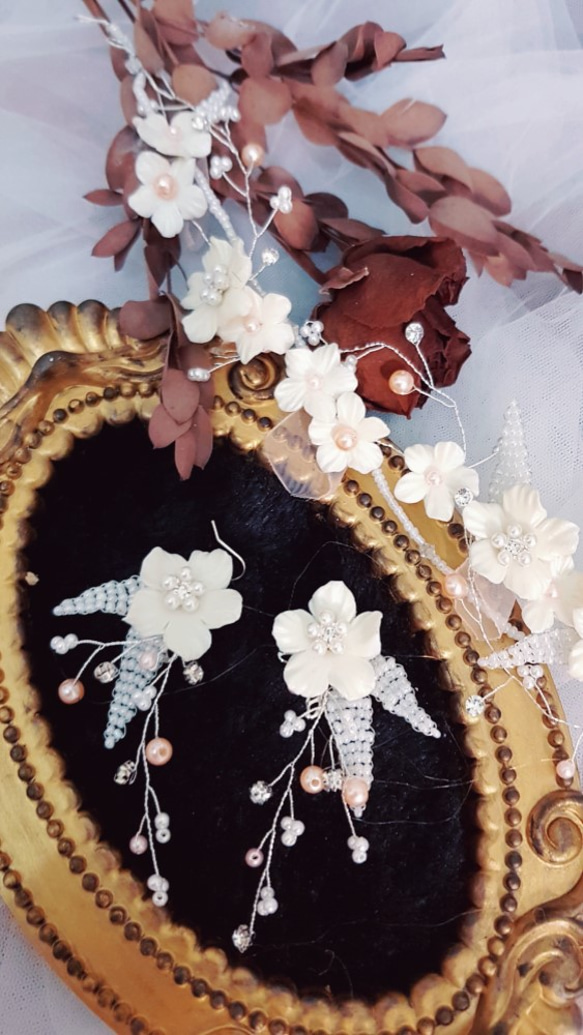 花園式手工花耳環髮帶新娘頭飾飾品兩件式 第3張的照片