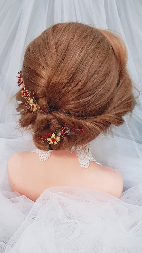 中式金紅水晶葉手作新娘頭飾 第2張的照片
