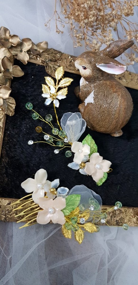 花園式手工花水晶叶新娘頭飾飾品兩件式 第3張的照片