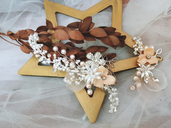 白奶粉紅串珠兩件式新娘頭飾飾品 第3張的照片
