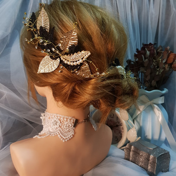 黑金蕾絲兩件式手作新娘頭飾飾品 第1張的照片