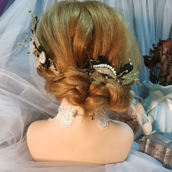 黑金蕾絲兩件式手作新娘頭飾飾品 第2張的照片