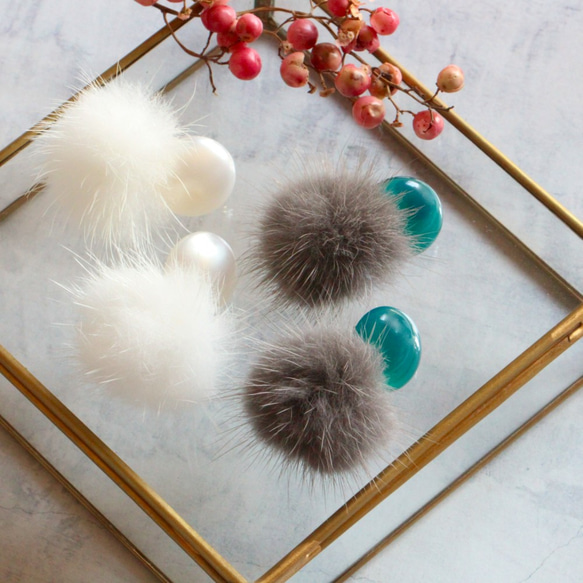 [再次上架] &lt;Creema Limited&gt; 秋冬 / Mink Fur x Pearl White Earrin 第5張的照片