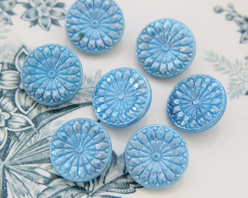 0525a フランス アンティーク ガラスボタン ビスクドール等の衣装パーツにも 2個セット】ヴィンテージ チェコ ブルー フラワー ガラス ボタン 18