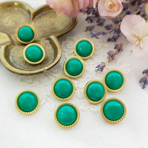 2個】ヴィンテージ イギリス グリーン ゴールド ボタン 15mm レトロ  