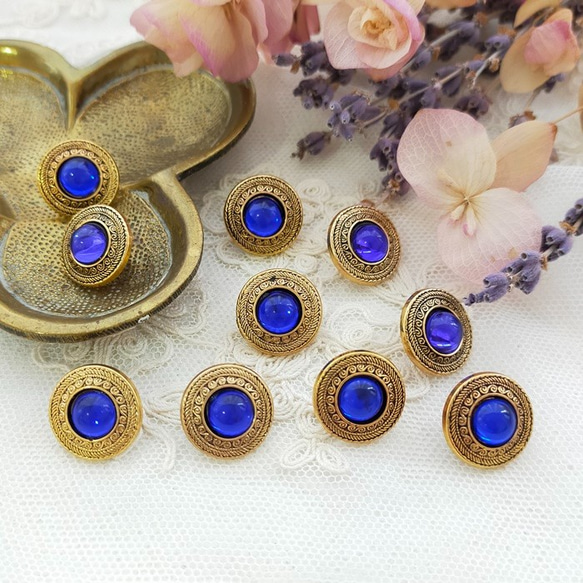 2個】ヴィンテージ イギリス アンティークゴールド ブルー ボタン 15mm