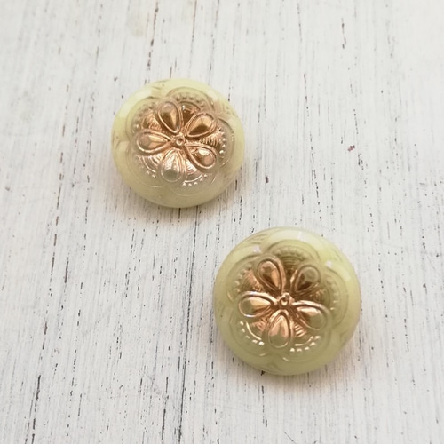 2個セット】ヴィンテージ チェコ イエロー＆ゴールド フラワー ガラス 