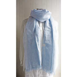 高品質比利時亞麻披肩 淺藍色 x 白色條紋 第2張的照片