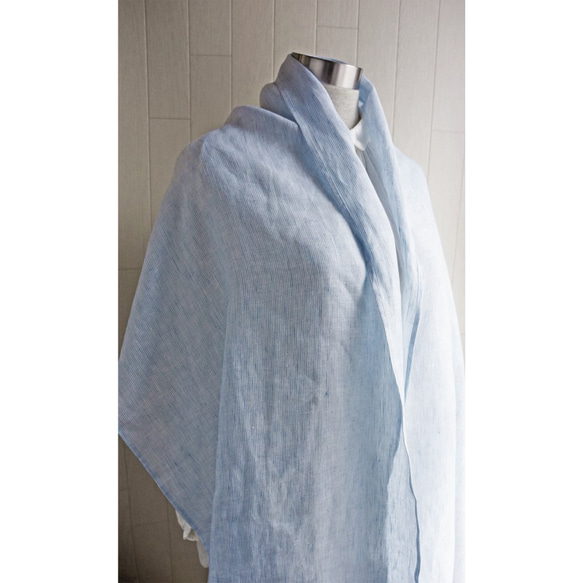 高品質比利時亞麻披肩 淺藍色 x 白色條紋 第4張的照片