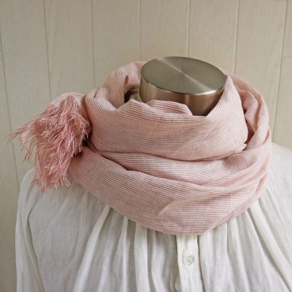高品質比利時亞麻披肩 暗粉紅 x 白色條紋 第1張的照片