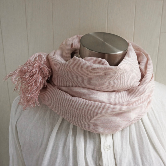 高品質比利時亞麻披肩 暗粉紅 x 白色條紋 第9張的照片