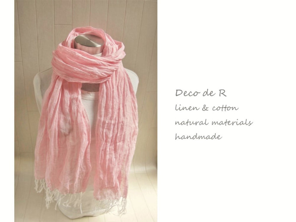 高級亞麻・單層披肩　粉紅×白色 第2張的照片