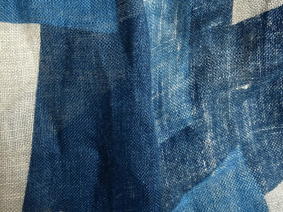 リネン・シングルガーゼのストール　ブロック　ブルー 5枚目の画像