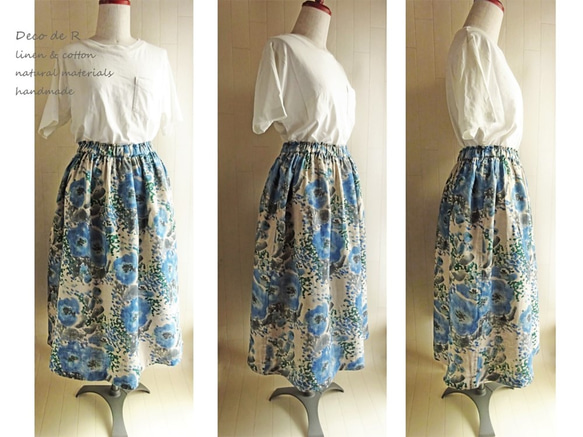 リネン　ダブルガーゼのギャザースカート　花ブルー　７４㎝丈 4枚目の画像