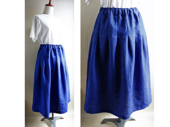 厚實的愛爾蘭亞麻褶皺裙藍色74厘米長 第5張的照片