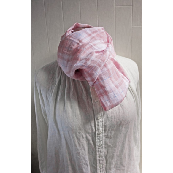 細比利時亞麻圍裙粉紅色x白色格紋 第3張的照片