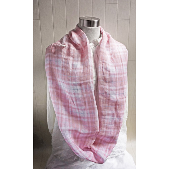 細比利時亞麻圍裙粉紅色x白色格紋 第4張的照片