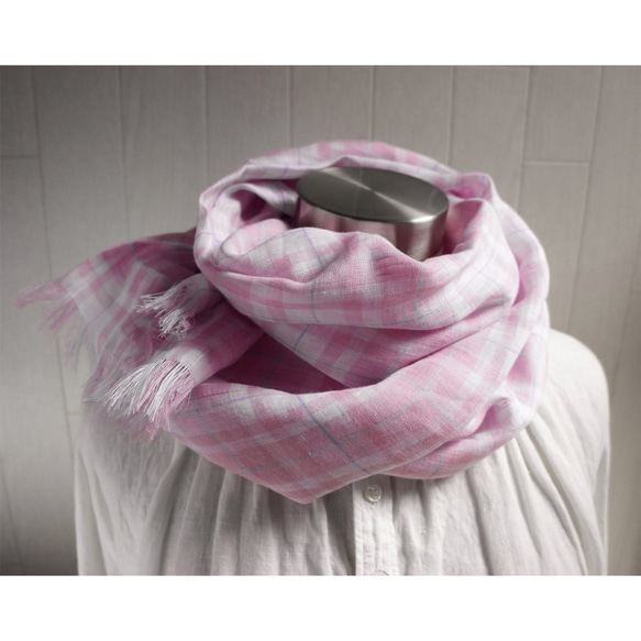 細比利時亞麻圍裙粉紅色x白色格紋 第5張的照片
