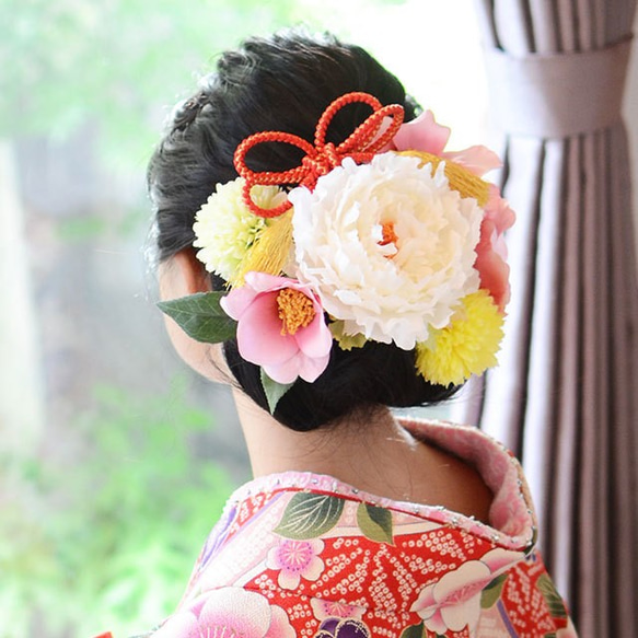 白無垢 結婚式/組紐リボンと椿の髪飾り7点SET/ホワイト ピンク/アーティフィシャルフラワー(造花)[wa028] 1枚目の画像