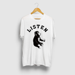 LISTEN ミュージックモンキー 音楽猿 動物イラストカレッジロゴTシャツ 1枚目の画像