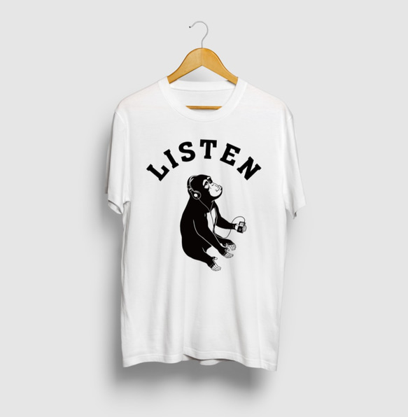 LISTEN ミュージックモンキー 音楽猿 動物イラストカレッジロゴTシャツ 1枚目の画像