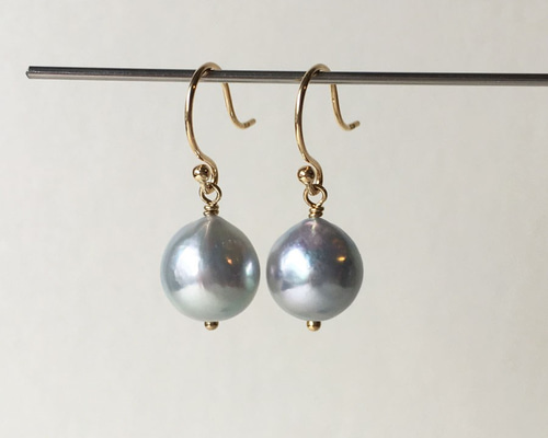 K18 あこや バロックパール グレー 1粒ドロップピアス －イヤリング
