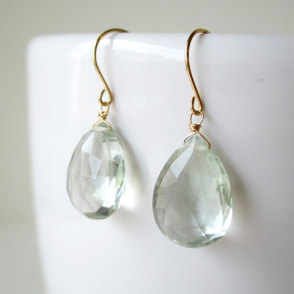 K18・K10】 大粒グリーンアメジスト ペアシェイプ 1粒ドロップピアス  