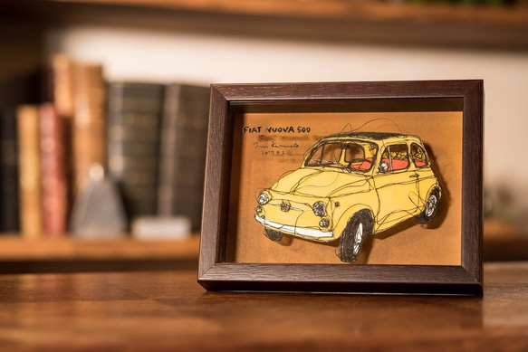 車の切り絵】立体額/ FIAT NUOVA 500/キャビネサイズ 切り絵 軽本美杏