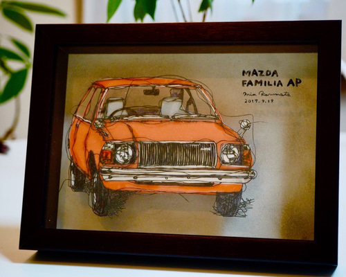 車の切り絵】立体額/MAZDA FAMILIA/キャビネサイズ 切り絵 軽本美杏