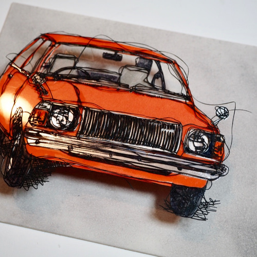 車の切り絵】立体額/MAZDA FAMILIA/キャビネサイズ 切り絵 軽本美杏