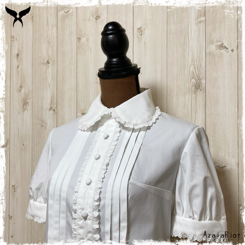 2色展開】シャツカラータックブラウス(半袖レースタイプ)白 2色展開】シャツカラータックブラウス(半袖レースタイプ)白