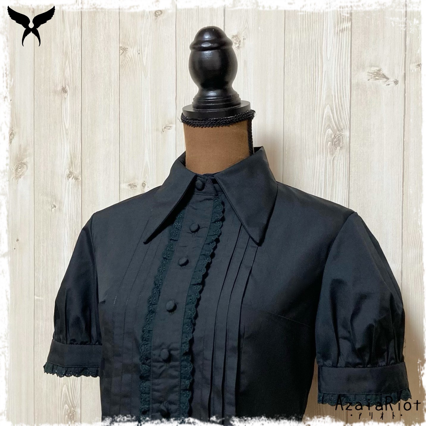 【３色展開】シャツカラータックブラウス（半袖レースタイプ）黒☆S/M/L/LL/3L/5L