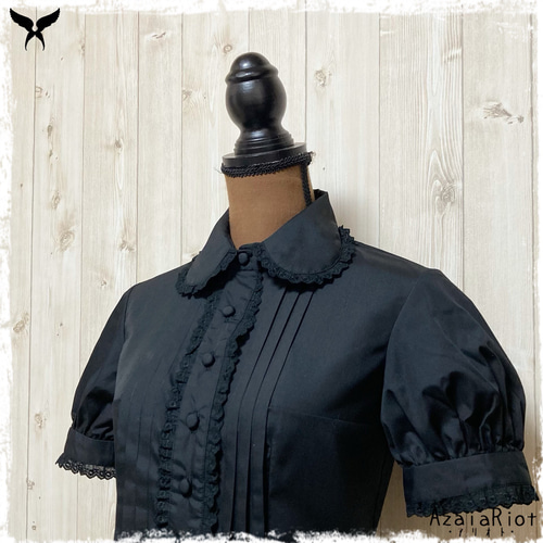 3色展開】シャツカラータックブラウス（半袖レースタイプ）黒☆S/M/L